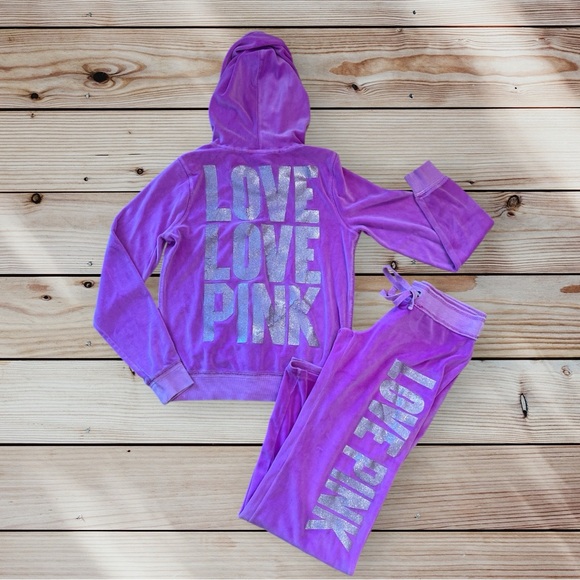 PINK Victoria's Secret Pants - Y2K PINK Victorias Secret Purple Velour Velvet Track Suit Set Small Medium